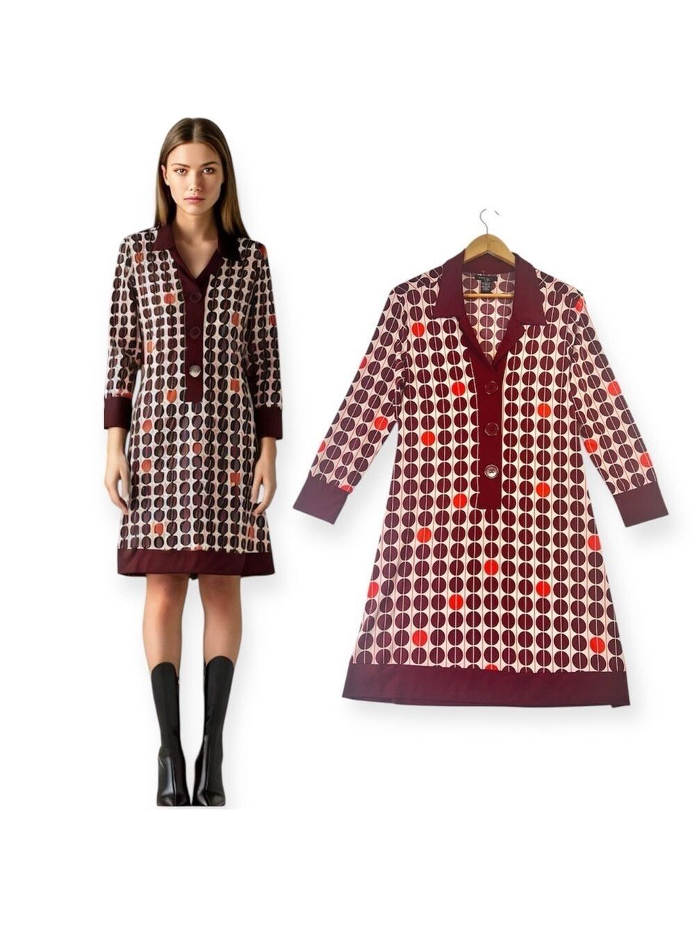 BCBGMaxazria Shift Dress Womens V Neck Knee Length Burgundy Polka Dots Sz XL New